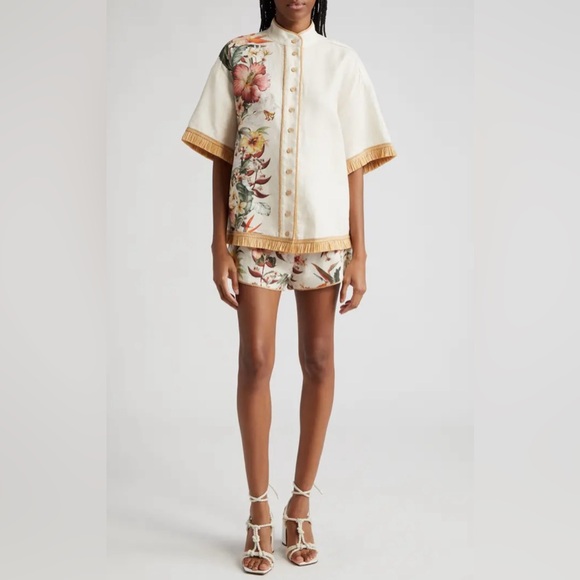 Zimmermann NWT Lexi Tropical Floral Raffia Trim Button-Up Shirt - Picture 2 of 8